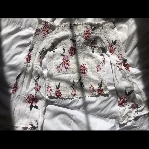 La Hearts Tops - white floral print off the shoulder long sleeve